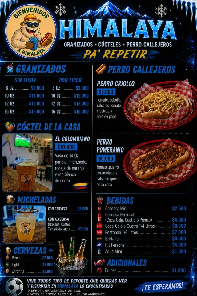 Menú de Himalaya con granizados, cócteles, perros callejeros, micheladas, cervezas y bebidas.